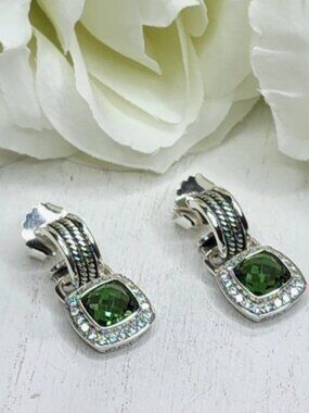 David Yurman Silver Albion 7mm Prasiolite & Diamond Drop Earrings - FCM96